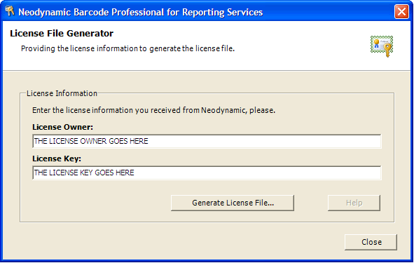 Neodynamic License File Generator Tool - Specifying the license information.