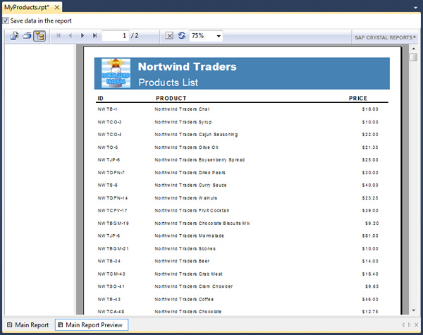 Sample Crystal Reports (RPT) featuring Northwind Traders products list