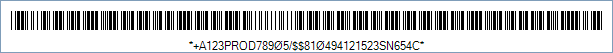 HIBC LIC 39 Barcode - Code property = A123PROD78905/10#494121523#SN654