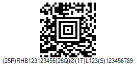 HIBC LIC Aztec Code Barcode - Code property = (25P)RHB123123456(26Q)0(1T)L123(S)123456789 with ISO/IEC 15434 format