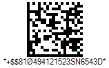 HIBC LIC DataMatrix - Code property = 10#494121523#SN654(A123PROD78905)