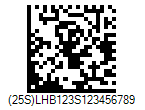 HIBC LIC DataMatrix Barcode - Code property = (25S)LHB123S123456789 with ISO/IEC 15434 format