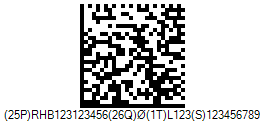 HIBC LIC DataMatrix Barcode - Code property = (25P)RHB123123456(26Q)0(1T)L123(S)123456789 with ISO/IEC 15434 format
