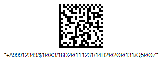 HIBC LIC DataMatrix Barcode - Code property = A99912349/0#0#10X3/16D20111231/14D20200131/Q500