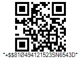 HIBC LIC QR Code - Code property = 10#494121523#SN654(A123PROD78905)