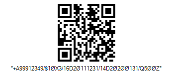 HIBC LIC QR Code Barcode - Code property = A99912349/0#0#10X3/16D20111231/14D20200131/Q500