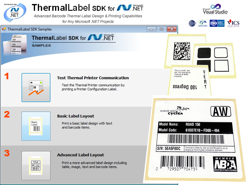 ThermalLabel SDK for .NET screenshot: Barcode, .net, WPF, C#, VB, bar code, visual studio, Zebra, ZPL, EPL, ZSim, ESim, Thermal, printer, printdocument, label, Code 39, Code 128, EAN 13, UPC, GS1-128, PDF417, DataMatrix, QR Code, Aztec Code, PostNet, Maxicode