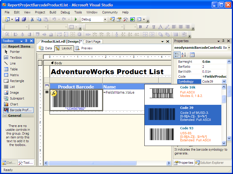 MS SQL Reporting Services Barcode .NET screen shot