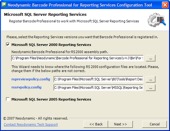 Neodynamic Barcode Professional for Reporting Services Configuration Tool - Step 2