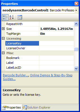 Barcode Professional for Microsoft SQL Server 2005/2008/2012 Reporting Services - Visual Studio 2005/2008/2010 Property Window