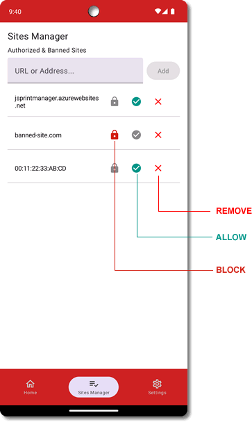 JSPrintManager for Android - Sites Manager Screen