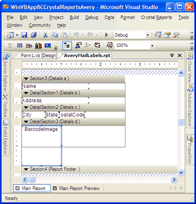 Crystal Reports Avery Label final layout including barcode field