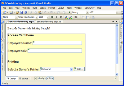 ASP.NET Server-side Printing - Access Card with Barcode at design-time in Visual Studio
