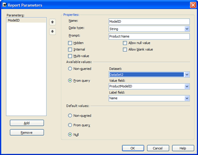The Report Parameter settings for the Product Model ID
