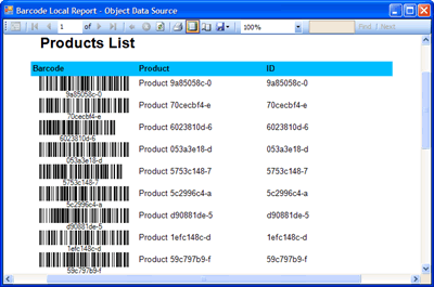The local report featuring barcodes generated by Barcode Professional