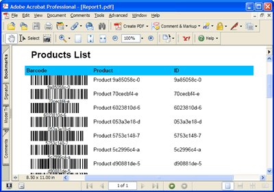 The local report in Acrobat PDF format featuring barcodes generated by Barcode Professional