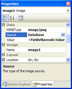 The Image item's properties. The Value property is bound to Barcode Column.