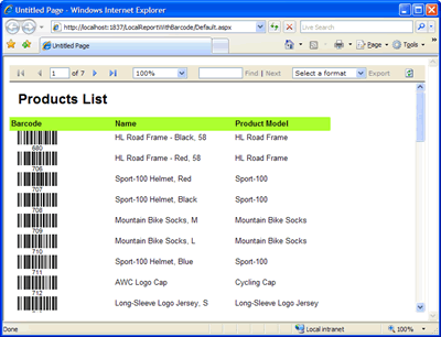 The local report featuring barcodes generated by Barcode Professional