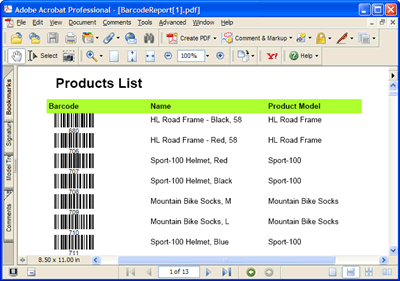 The local report in Acrobat PDF format featuring barcodes generated by Barcode Professional