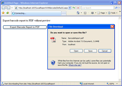 The local report featuring barcodes exported to PDF format without previewing it onto the ASP.NET WebForm