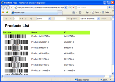 The local report featuring barcodes generated by Barcode Professional