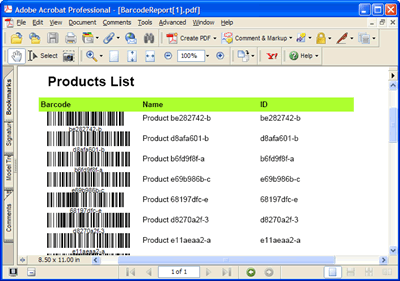 The local report in Acrobat PDF format featuring barcodes generated by Barcode Professional