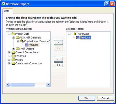 Choosing the Products DataTable as data source of the Crystal Report