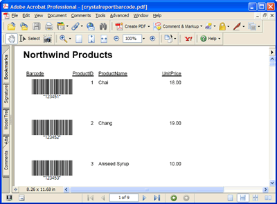 The Crystal Repor report in Acrobat PDF format featuring barcodes generated by Barcode Professional