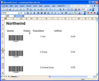 The Crystal Repor report in Microsoft Excel XLS format featuring barcodes generated by Barcode Professional