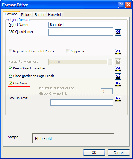 Setting up 'Can Grow' option for the Barcode item in the Format Editor dialog box