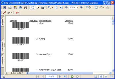 The Crystal Repor report in Acrobat PDF format featuring barcodes generated by Barcode Professional