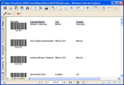 The Crystal Repor report in Acrobat PDF format featuring barcodes generated by Barcode Professional