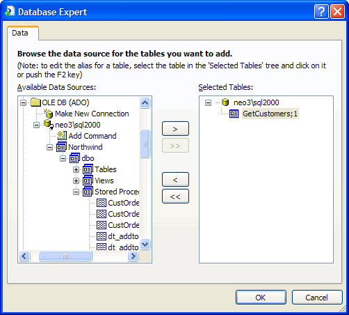 Choosing the GetCustomers Stored Procedure as data source of the Crystal Report