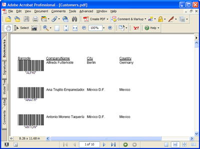 The Crystal Repor report in Acrobat PDF format featuring barcodes generated by Barcode Professional