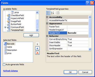 Setting up the HeaderText property of the TemplateField column