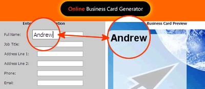 Business Card preview is updated while user types in the text boxes.