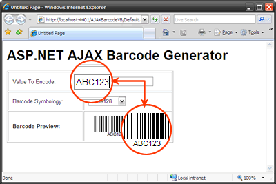 An ASP.NET AJAX Barcode Application sample. Barcode preview is updated while user types in the text boxes.