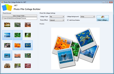 .NET Photo Pile Collage featuring ImageDraw effects such as drop shadow, Polaroid, Filmstrip and Mailstamp.