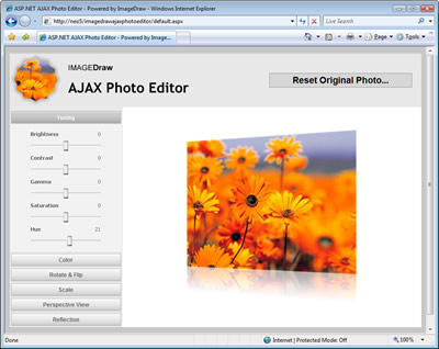 AJAX Photo Editor featuring ImageDraw effects such as Basic Tuning (Brightness, Contrast, Gamma, Saturation, Hue), Coloring (Convert to Black & White/Grayscale, Sepia and Negative/Invert), Rotation and Flipping, Scaling and FX Perspective View and Reflection.