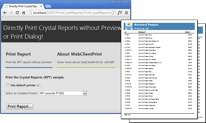 Directly Print Crystal Reports to Default Client Printer from ASP.NET without Preview or Printer Dialog