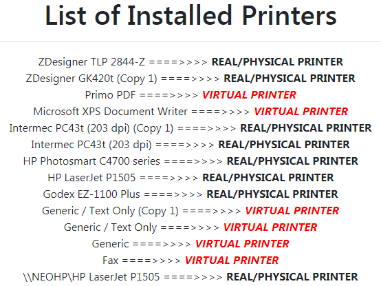 A sample list of installed printers and whether they are virtual or real-physical devices