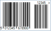 Ean 13 Barcode - Code property = 501234567890, AddChecksum property = True and DisplayLightMarginIndicator property = True, EanUpcSupplement property = Digits5, and EanUpcSupplementCode property = 12345