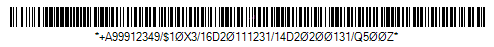 HIBC LIC 128 Barcode - Code property = A99912349/0#0#10X3/16D20111231/14D20200131/Q500