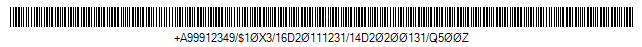 HIBC LIC 39 Barcode - Code property = A99912349/0#0#10X3/16D20111231/14D20200131/Q500