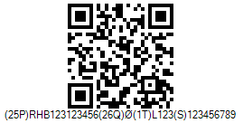 HIBC LIC QR Code Barcode - Code property = (25P)RHB123123456(26Q)0(1T)L123(S)123456789 with ISO/IEC 15434 format