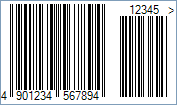 JAN-13 Barcode - Code property = 490123456789, AddChecksum property = True and DisplayLightMarginIndicator property = True, EanUpcSupplement property = Digits5, and EanUpcSupplementCode property = 12345