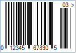 UPC-A Barcode - Code property = 01234567890, AddChecksum property = True and DisplayLightMarginIndicator property = True, EanUpcSupplement property = Digits2, and EanUpcSupplementCode property = 03