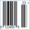 UPC-E Barcode - Code property = 01234567890, AddChecksum property = True and DisplayLightMarginIndicator property = True, EanUpcSupplement property = Digits2, and EanUpcSupplementCode property = 03