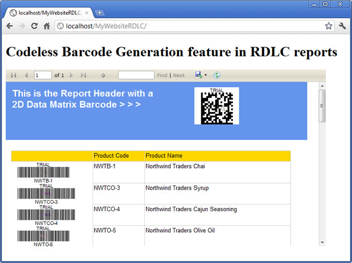 The sample RDLC report displaying a 2D DataMatrix as well as Code 39 barcodes for Northwind DB sample products