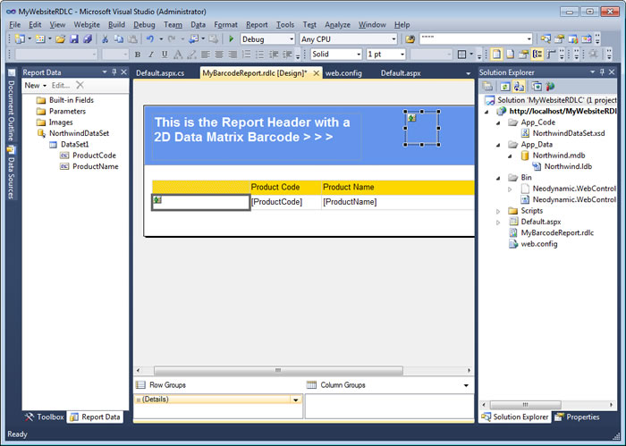 The Visual Studio IDE - The RDLC report with the Image controls for displaying the barcodes generated by using Codeless Barcode Generation feature.